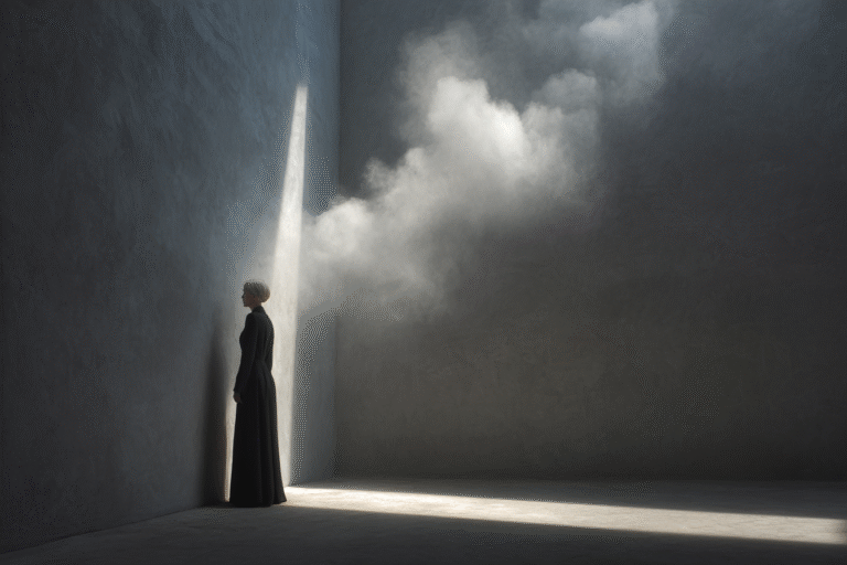 A minimal surreal series of a woman in a concrete chamber touched by a single blade of light and drifting clouds.