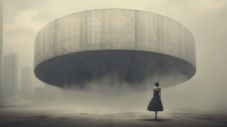 A quiet surreal series of a woman framed by brutalist architecture and drifting clouds.