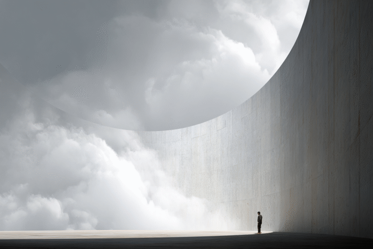 A surreal series exploring a lone figure against monumental concrete curves as clouds move through the space.