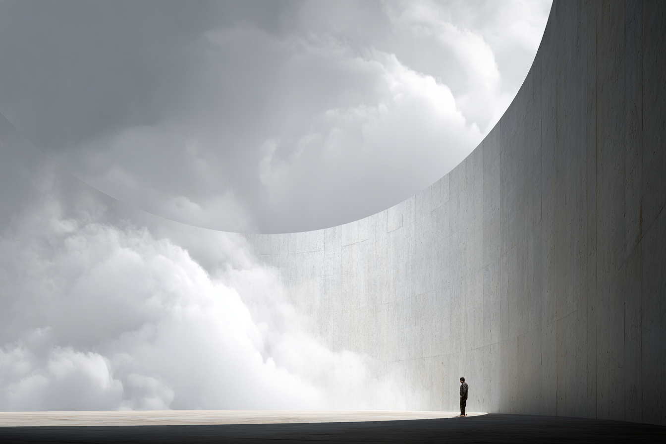 A surreal series exploring a lone figure against monumental concrete curves as clouds move through the space.