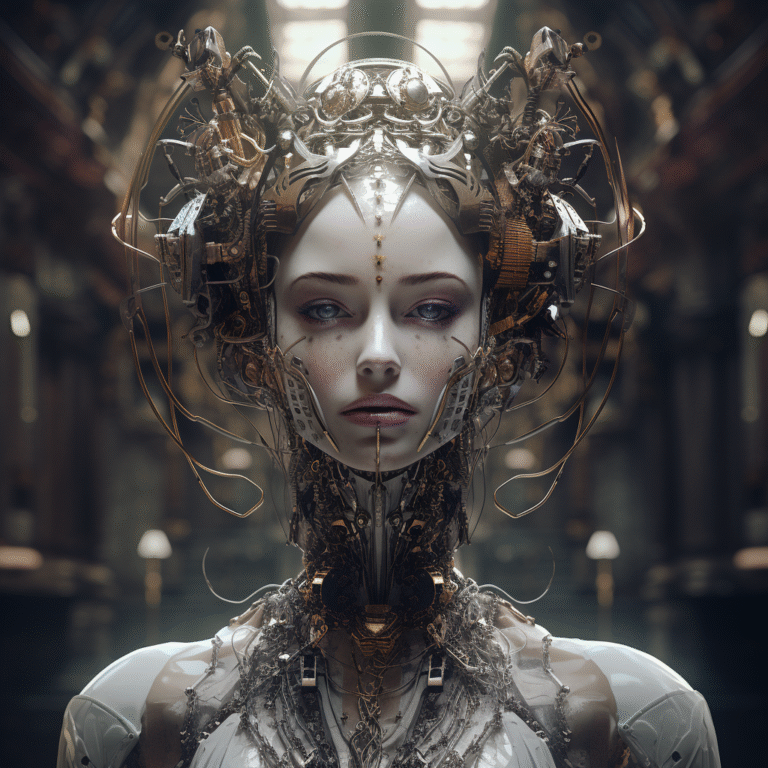 A surreal tech-inspired portrait series blending feminine form with synthetic and AI aesthetics.