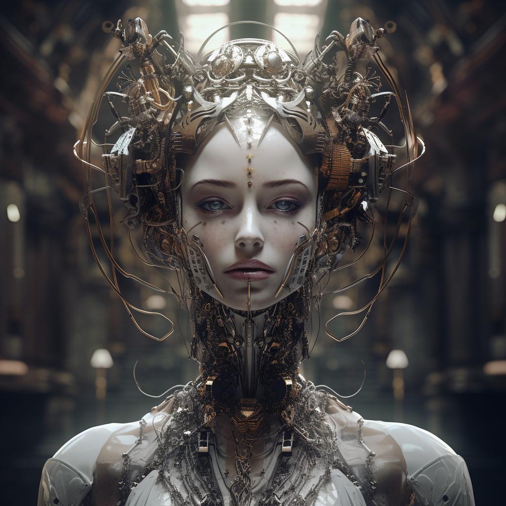 A surreal tech-inspired portrait series blending feminine form with synthetic and AI aesthetics.