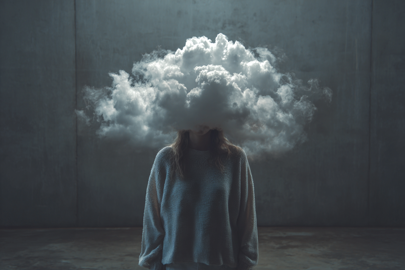 A surreal portrait series of a person wearing a suit with a cloud obscuring their face in minimal architectural spaces.