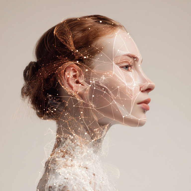 A portrait series blending human softness with subtle technological and digital elements.