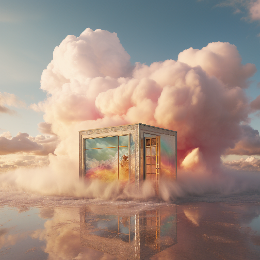 A surreal architectural series featuring floating objects, open air, and quiet light in minimal rooms.