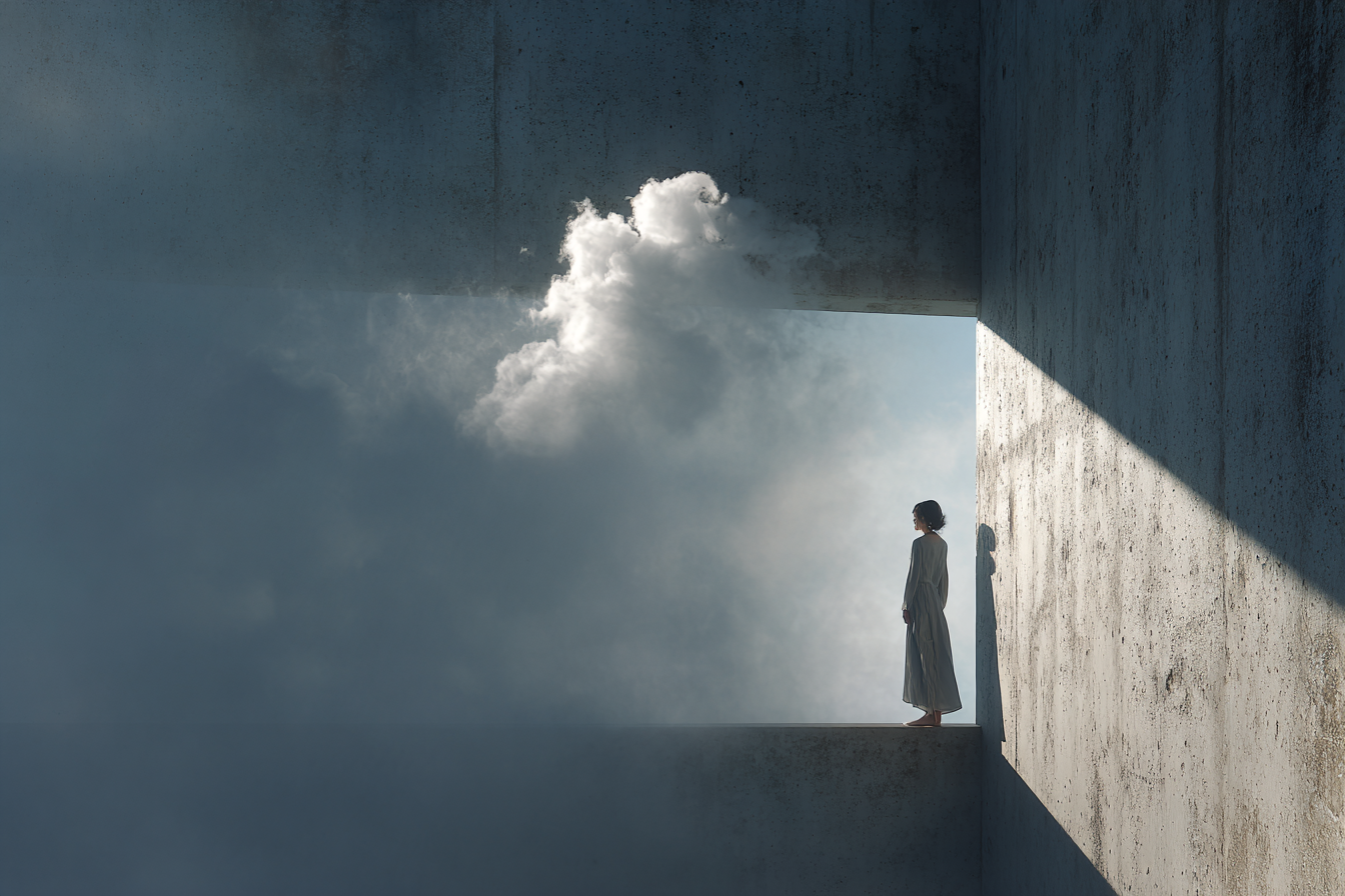 A surreal poetic series of a woman standing against harsh concrete walls as clouds drift beside her.